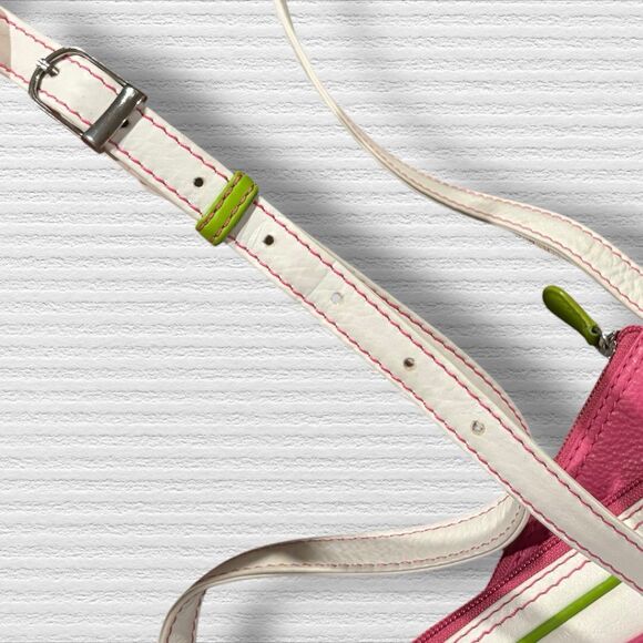 RFID Leather Crossbody Bag Retro Neon Stripe White Pink Green Adjustable Strap - Picture 12 of 13